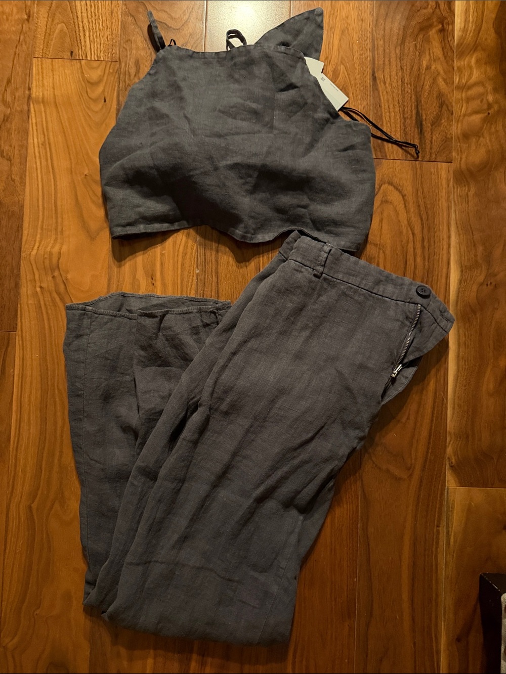 Zara Wide Leg Linen Pants and Crop Top Set - Charcoal Gray